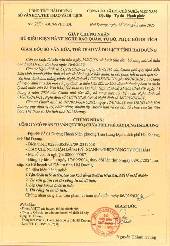 Giấy chứng nhận đủ điều kiện hành nghề bảo quản, tu bổ, phục hồi di tích