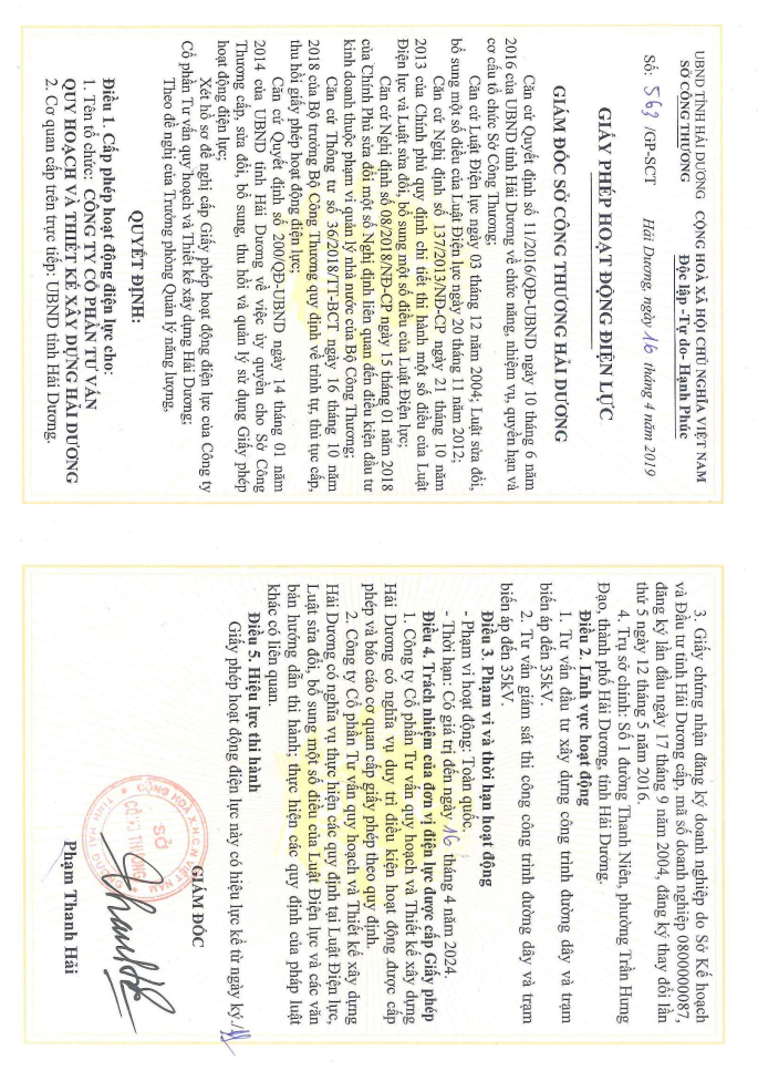 Giấy phép hoạt động điêện lực